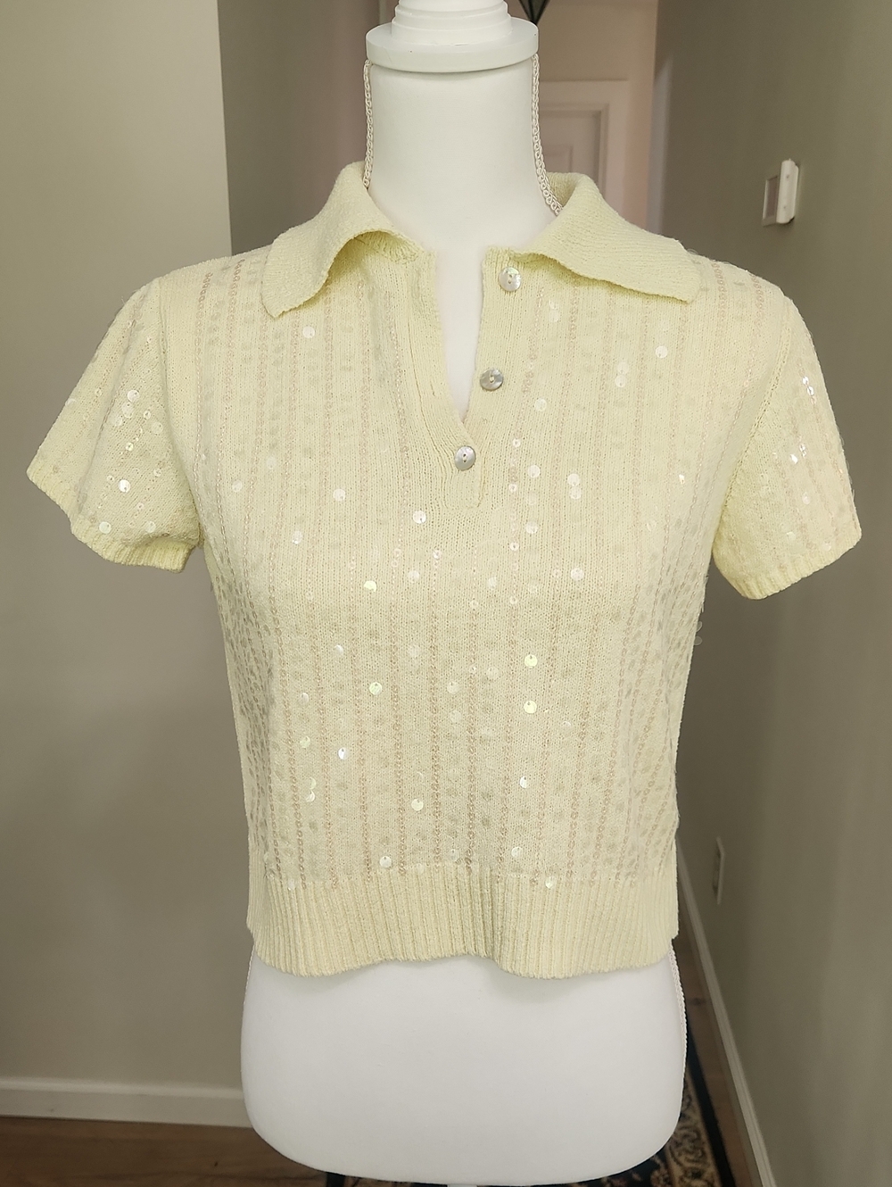 ZARA Pastel Yellow Sequin Ribbed Knit Polo Top Short Sleeve Size S EUC
